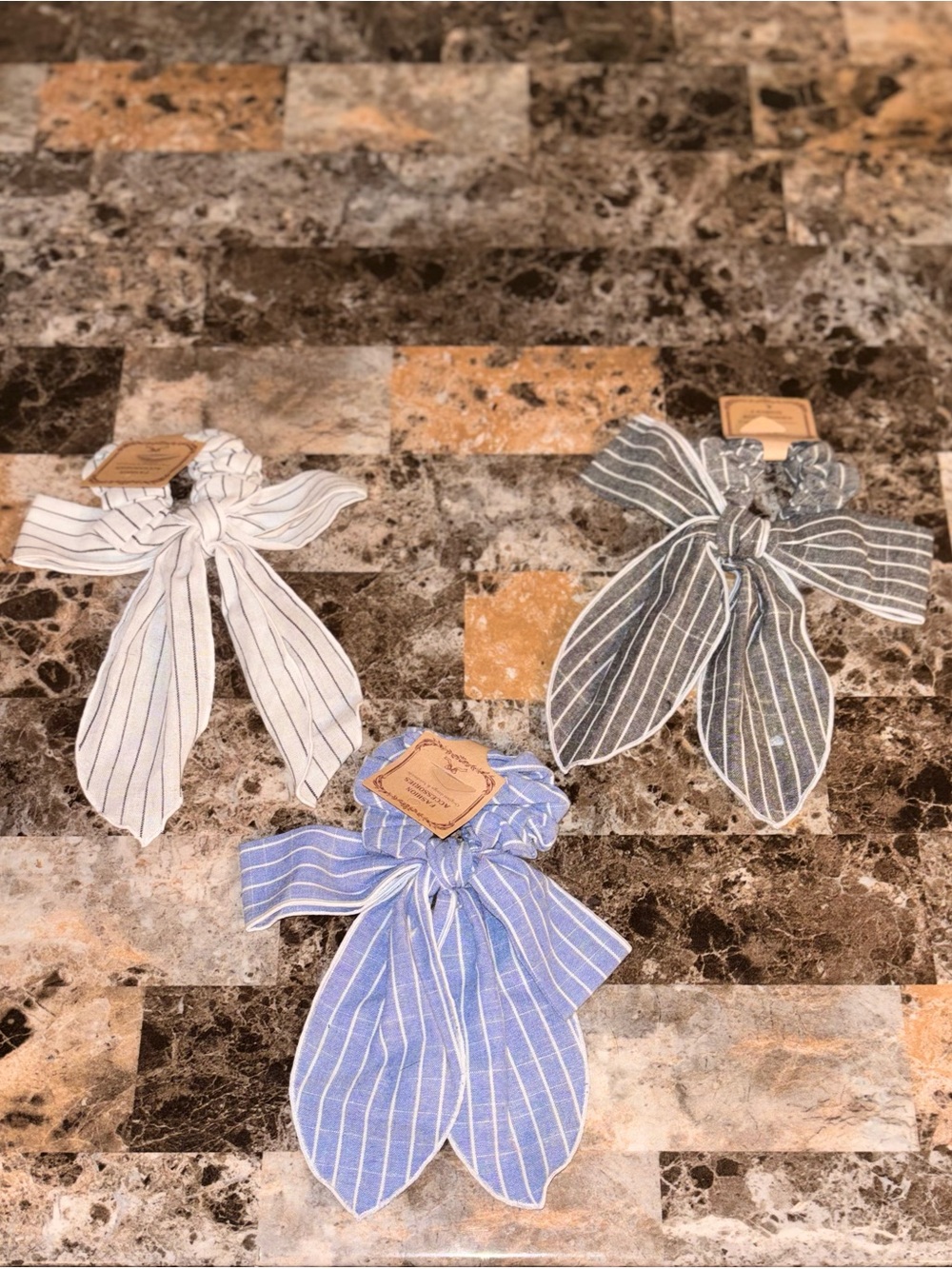 Striped Bow Hair Scrunchie with Tails - Blue, Gray, White
